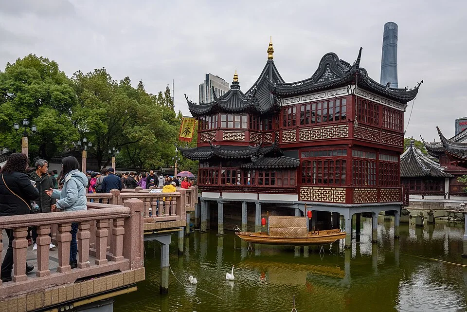 Huxinting Teahouse above a pond beside the Nine-Turn Bridge in Shanghai’s Yu Garden area