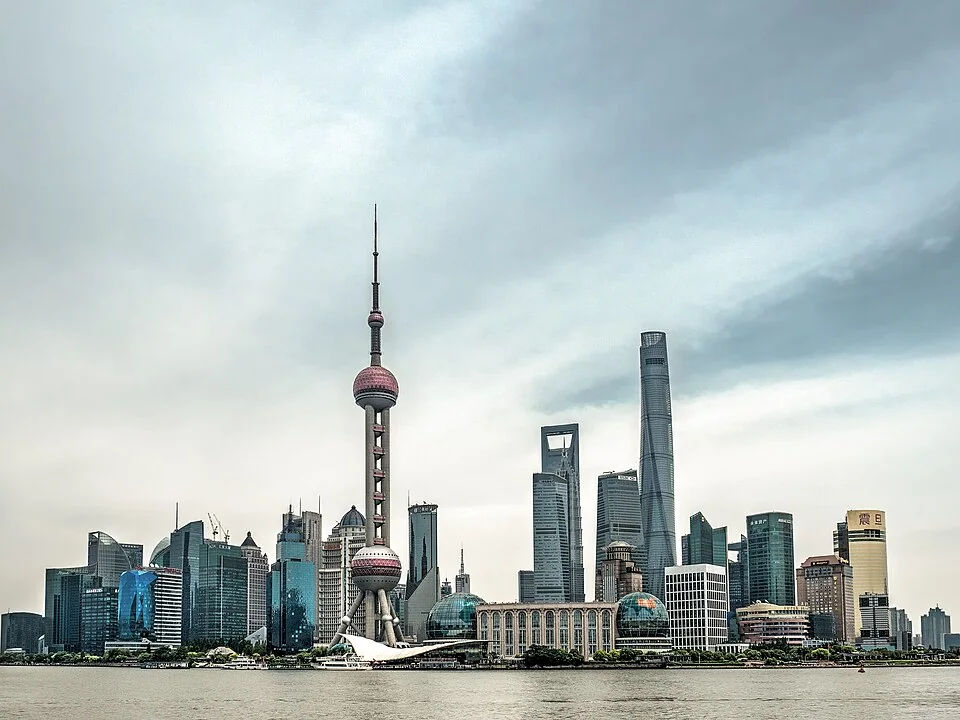 The Oriental Pearl Tower and Pudong skyline across the Huangpu River, seen from the Bund