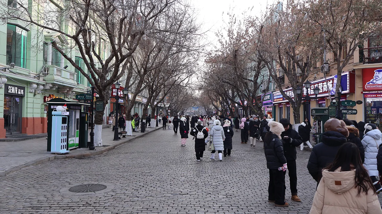 Zhongyang Street pedestrians and European-style facades in Harbin
